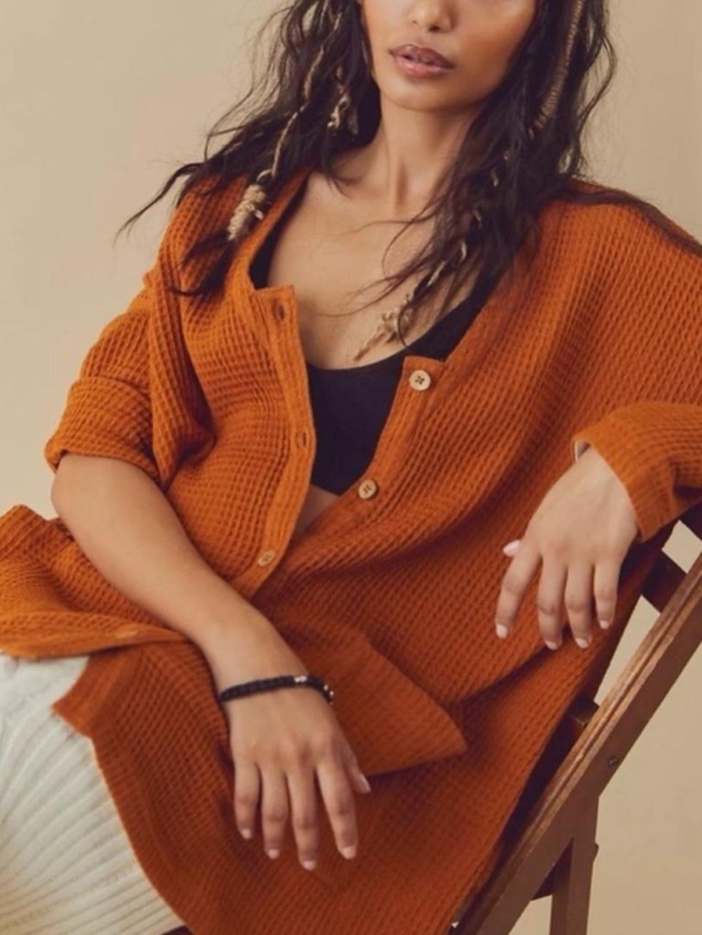 Free People Waffle Knit Longline Cardigan Copper M